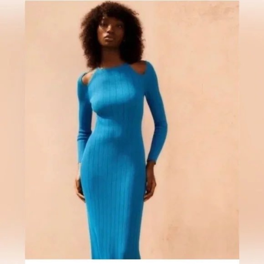 Zara Blue Ribbed Knit Cold Shoulder Midi Dress Long Sleeve Bodycon Large